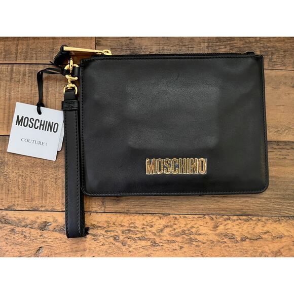 MOSCHINO Couture Logo Zip Pouch Wristlet Black Leather With Dust bag NWT - Picture 2 of 12